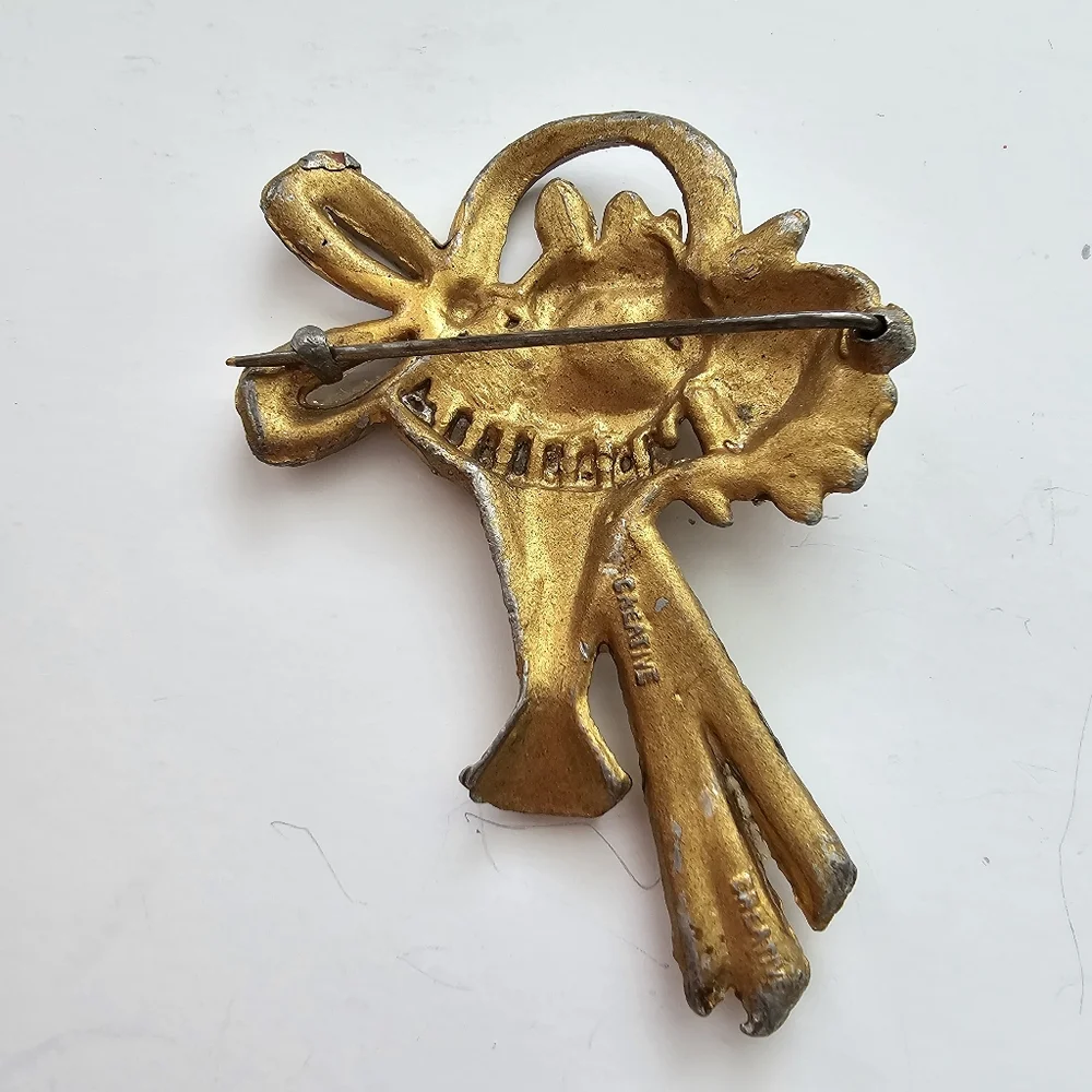 Vintage 1940s Gold Tone Flower Basket Brooch | Ruby Red & Clear Rhinestones